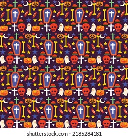 Halloween orange festive seamless pattern. Endless background with pumpkins, skulls, bats, spiders, ghosts, bones, candies, spider web and speech bubble with boo