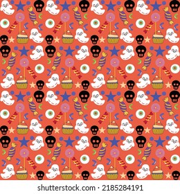 Halloween orange festive seamless pattern. Endless background with pumpkins, skulls, bats, spiders, ghosts, bones, candies, spider web and speech bubble with boo