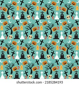 Halloween orange festive seamless pattern. Endless background with pumpkins, skulls, bats, spiders, ghosts, bones, candies, spider web and speech bubble with boo