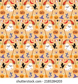 Halloween orange festive seamless pattern. Endless background with pumpkins, skulls, bats, spiders, ghosts, bones, candies, spider web and speech bubble with boo