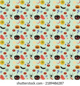 Halloween orange festive seamless pattern. Endless background with pumpkins, skulls, bats, spiders, ghosts, bones, candies, spider web and speech bubble with boo