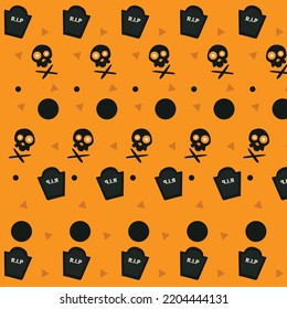 Halloween orange festive seamless pattern. skulls, ghosts and bones.