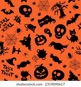 Halloween orange festive seamless pattern. Endless background with pumpkins, bats, spiders, ghosts, bones, candies and spider web.