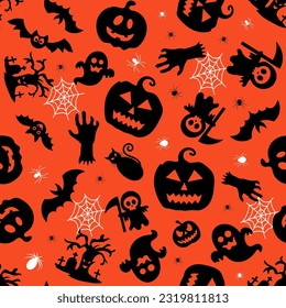  Halloween orange festive seamless pattern. Endless background with pumpkins, bats, spiders, ghosts, bones, candies and spider web.