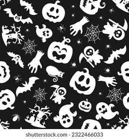  Halloween orange festive seamless pattern. Endless background with pumpkins, bats, spiders, ghosts, bones, candies and spider web.