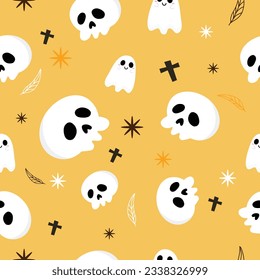 Halloween orange festive seamless pattern. Endless background with pumpkins, skulls, ghosts, bones, candies, spider web ,eye,autum and fall theme for paper,wrapping,carpet,wallpaper,fabric art work