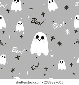 Halloween orange festive seamless pattern. Endless background with pumpkins, skulls, ghosts, bones, candies, spider web ,eye,autum and fall theme for paper,wrapping,carpet,wallpaper,fabric art work
