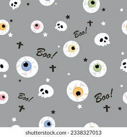 Halloween orange festive seamless pattern. Endless background with pumpkins, skulls, ghosts, bones, candies, spider web ,eye,autum and fall theme for paper,wrapping,carpet,wallpaper,fabric art work