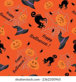 Halloween orange festive seamless pattern. Endless background with pumpkins, spiders, cats, cobwebs.