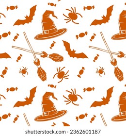Halloween orange festive seamless pattern. Endless background with pumpkins, skulls, bats, spiders, ghosts, bones, candies, spider web