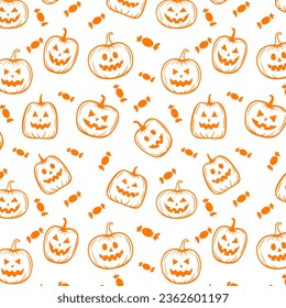 Halloween orange festive seamless pattern. Endless background with pumpkins, candies