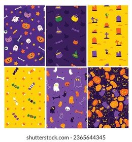 Halloween orange festive seamless pattern. Endless background with pumpkins, skulls, bats, spiders, ghosts, bones, candies, spider web and speech bubble