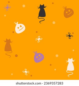 Halloween orange festive seamless pattern. Endless background with pumpkins, skulls, bats, spiders, ghosts, bones, candies, 