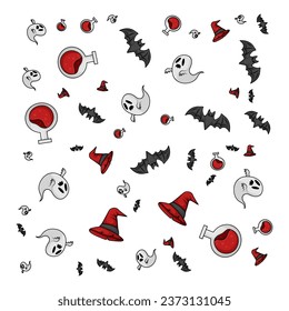 Halloween orange festive seamless pattern. Endless backgrounds with pumpkins, skulls, bats, spiders, ghosts, bones, candy, spider webs and speech bubbles with boos