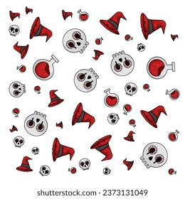 Halloween orange festive seamless pattern. Endless backgrounds with pumpkins, skulls, bats, spiders, ghosts, bones, candy, spider webs and speech bubbles with boos