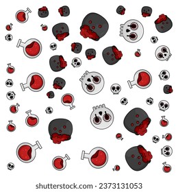 Halloween orange festive seamless pattern. Endless backgrounds with pumpkins, skulls, bats, spiders, ghosts, bones, candy, spider webs and speech bubbles with boos