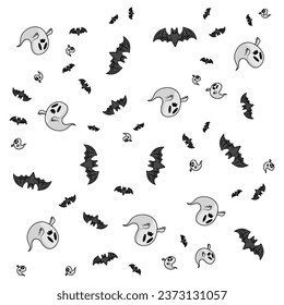 Halloween orange festive seamless pattern. Endless backgrounds with pumpkins, skulls, bats, spiders, ghosts, bones, candy, spider webs and speech bubbles with boos