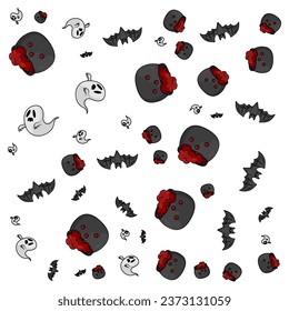 Halloween orange festive seamless pattern. Endless backgrounds with pumpkins, skulls, bats, spiders, ghosts, bones, candy, spider webs and speech bubbles with boos