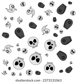 Halloween orange festive seamless pattern. Endless backgrounds with pumpkins, skulls, bats, spiders, ghosts, bones, candy, spider webs and speech bubbles with boos