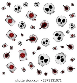 Halloween orange festive seamless pattern. Endless backgrounds with pumpkins, skulls, bats, spiders, ghosts, bones, candy, spider webs and speech bubbles with boos