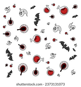 Halloween orange festive seamless pattern. Endless backgrounds with pumpkins, skulls, bats, spiders, ghosts, bones, candy, spider webs and speech bubbles with boos