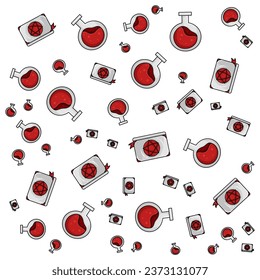 Halloween orange festive seamless pattern. Endless backgrounds with pumpkins, skulls, bats, spiders, ghosts, bones, candy, spider webs and speech bubbles with boos
