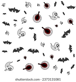 Halloween orange festive seamless pattern. Endless backgrounds with pumpkins, skulls, bats, spiders, ghosts, bones, candy, spider webs and speech bubbles with boos