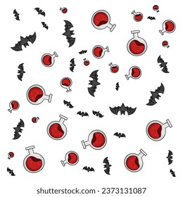 Halloween orange festive seamless pattern. Endless backgrounds with pumpkins, skulls, bats, spiders, ghosts, bones, candy, spider webs and speech bubbles with boos