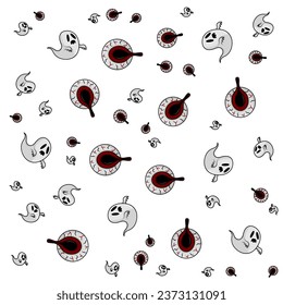 Halloween orange festive seamless pattern. Endless backgrounds with pumpkins, skulls, bats, spiders, ghosts, bones, candy, spider webs and speech bubbles with boos