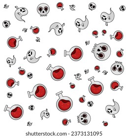 Halloween orange festive seamless pattern. Endless backgrounds with pumpkins, skulls, bats, spiders, ghosts, bones, candy, spider webs and speech bubbles with boos