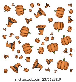 Halloween orange festive seamless pattern. Endless backgrounds with pumpkins, skulls, bats, spiders, ghosts, bones, candy, spider webs and speech bubbles with boos