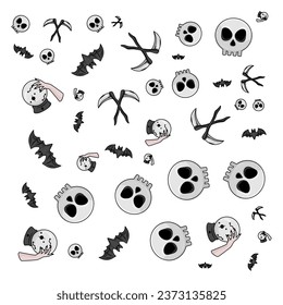 Halloween orange festive seamless pattern. Endless backgrounds with pumpkins, skulls, bats, spiders, ghosts, bones, candy, spider webs and speech bubbles with boos