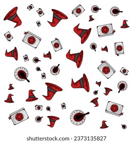 Halloween orange festive seamless pattern. Endless backgrounds with pumpkins, skulls, bats, spiders, ghosts, bones, candy, spider webs and speech bubbles with boos