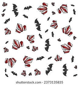 Halloween orange festive seamless pattern. Endless backgrounds with pumpkins, skulls, bats, spiders, ghosts, bones, candy, spider webs and speech bubbles with boos