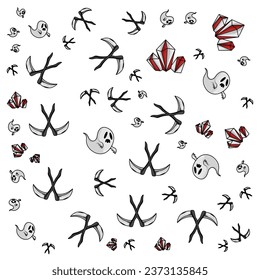 Halloween orange festive seamless pattern. Endless backgrounds with pumpkins, skulls, bats, spiders, ghosts, bones, candy, spider webs and speech bubbles with boos