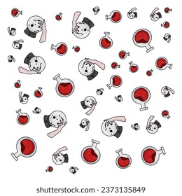 Halloween orange festive seamless pattern. Endless backgrounds with pumpkins, skulls, bats, spiders, ghosts, bones, candy, spider webs and speech bubbles with boos