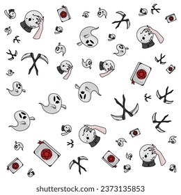 Halloween orange festive seamless pattern. Endless backgrounds with pumpkins, skulls, bats, spiders, ghosts, bones, candy, spider webs and speech bubbles with boos