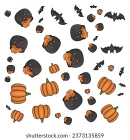 Halloween orange festive seamless pattern. Endless backgrounds with pumpkins, skulls, bats, spiders, ghosts, bones, candy, spider webs and speech bubbles with boos