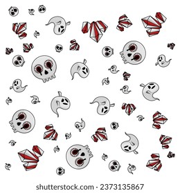 Halloween orange festive seamless pattern. Endless backgrounds with pumpkins, skulls, bats, spiders, ghosts, bones, candy, spider webs and speech bubbles with boos