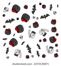 Halloween orange festive seamless pattern. Endless backgrounds with pumpkins, skulls, bats, spiders, ghosts, bones, candy, spider webs and speech bubbles with boos