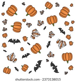Halloween orange festive seamless pattern. Endless backgrounds with pumpkins, skulls, bats, spiders, ghosts, bones, candy, spider webs and speech bubbles with boos