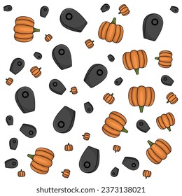 Halloween orange festive seamless pattern. Endless backgrounds with pumpkins, skulls, bats, spiders, ghosts, bones, candy, spider webs and speech bubbles with boos