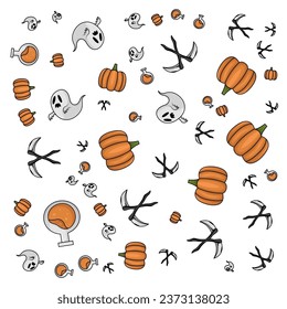 Halloween orange festive seamless pattern. Endless backgrounds with pumpkins, skulls, bats, spiders, ghosts, bones, candy, spider webs and speech bubbles with boos