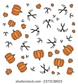 Halloween orange festive seamless pattern. Endless backgrounds with pumpkins, skulls, bats, spiders, ghosts, bones, candy, spider webs and speech bubbles with boos