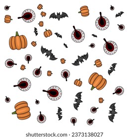 Halloween orange festive seamless pattern. Endless backgrounds with pumpkins, skulls, bats, spiders, ghosts, bones, candy, spider webs and speech bubbles with boos