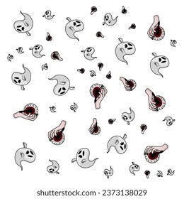 Halloween orange festive seamless pattern. Endless backgrounds with pumpkins, skulls, bats, spiders, ghosts, bones, candy, spider webs and speech bubbles with boos