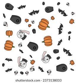 Patrón impecable de la celebración de Halloween naranja. Interminables antecedentes con calabazas, calaveras, murciélagos, arañas, fantasmas, huesos, caramelos, telarañas y burbujas de habla con bichos