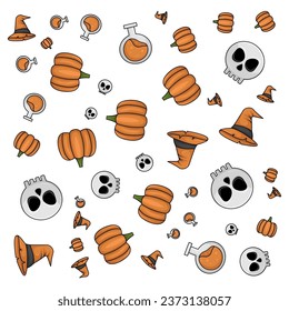 Halloween orange festive seamless pattern. Endless backgrounds with pumpkins, skulls, bats, spiders, ghosts, bones, candy, spider webs and speech bubbles with boos