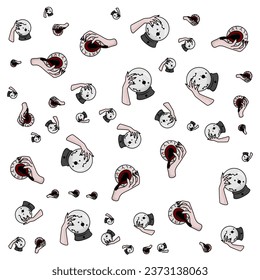 Halloween orange festive seamless pattern. Endless backgrounds with pumpkins, skulls, bats, spiders, ghosts, bones, candy, spider webs and speech bubbles with boos