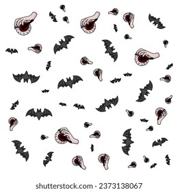 Halloween orange festive seamless pattern. Endless backgrounds with pumpkins, skulls, bats, spiders, ghosts, bones, candy, spider webs and speech bubbles with boos